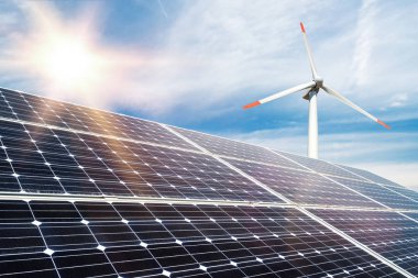 Fotoğraf kolaj güneş panelleri ve Rüzgar turbins - sürdürülebilir kaynaklar kavramı