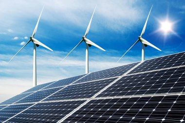 Fotoğraf kolaj güneş panelleri ve Rüzgar turbins - sürdürülebilir kaynaklar kavramı