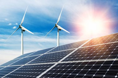Fotoğraf kolaj güneş panelleri ve Rüzgar turbins - sürdürülebilir kaynaklar kavramı