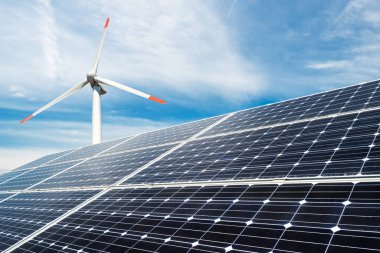 Fotoğraf kolaj güneş panelleri ve Rüzgar turbins - sürdürülebilir kaynaklar kavramı