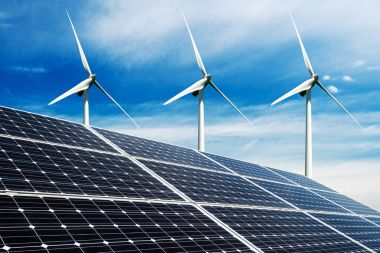 Fotoğraf kolaj güneş panelleri ve Rüzgar turbins - sürdürülebilir kaynaklar kavramı