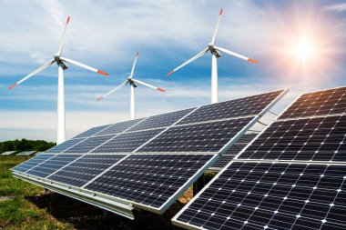 Fotoğraf kolaj güneş panelleri ve Rüzgar turbins - sürdürülebilir kaynaklar kavramı