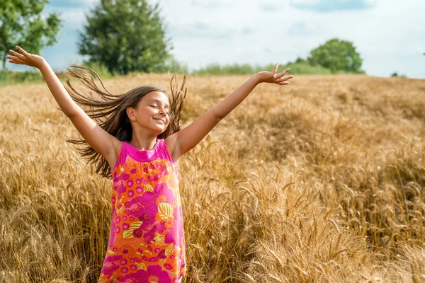 Happy little girl in a field of ripe wheat — Stock Photo, Image