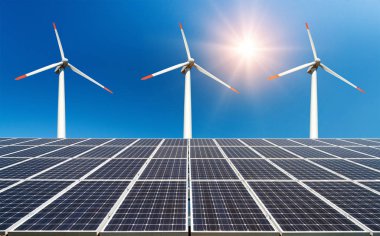 Fotoğraf kolaj güneş panelleri ve Rüzgar turbins - sürdürülebilir kaynaklar kavramı - görüntü