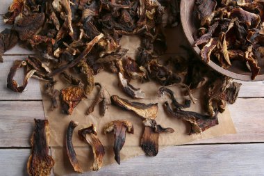 Kurutulmuş ve dilimlenmiş yenilebilir mantar. 