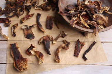 Kurutulmuş ve dilimlenmiş yenilebilir mantar. 