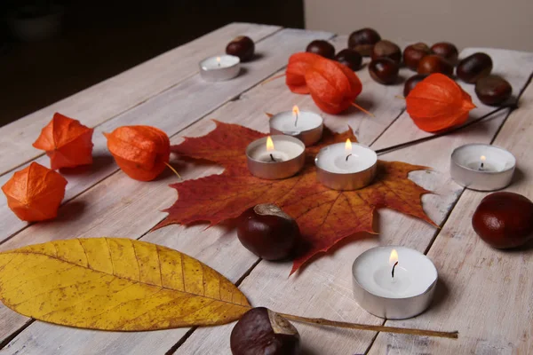 Otoño decoraciones de plantas y velas en mesa de madera . — Foto de Stock