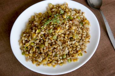 Sağlıklı yemek için champignon mantar ile karışık tahıl tahıl pişmiş. Çeşitli hububat (pearl arpa, yulaf, çavdar, bezelye, mercimek) püresi plaka.