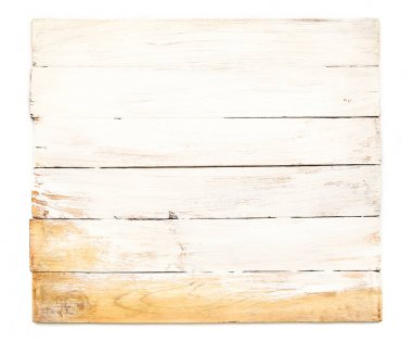 Grunge Beyaz ahşap tahta beyaz arka plan üzerinde izole boyalı. Beyaz boyalı büyük kısmı ile eski plakalar.