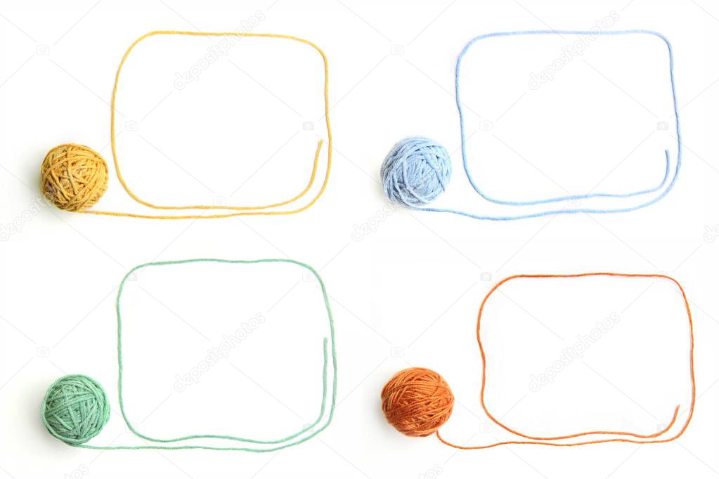 Set of color thread balls with frames made of threads isolated on white background. Colorful cotton thread balls with empty frames.