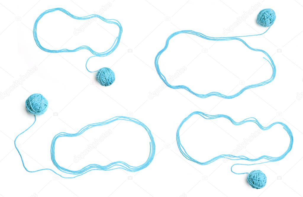  Set of clouds made of blue threads and thread balls  isolated on white background. Cotton thread balls with empty frames like clouds.