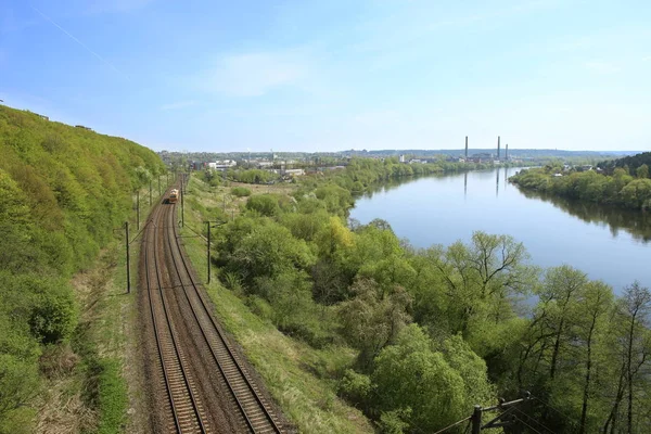 Krajobraz Dworca Kolejowego Rzeki Linia Kolejowa Pobliżu Rzeki Niemen Litwie — Zdjęcie stockowe