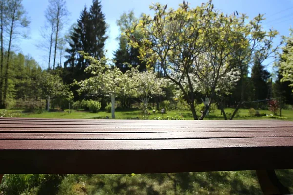 春天花园前的木桌 花园里的空桌 — 图库照片