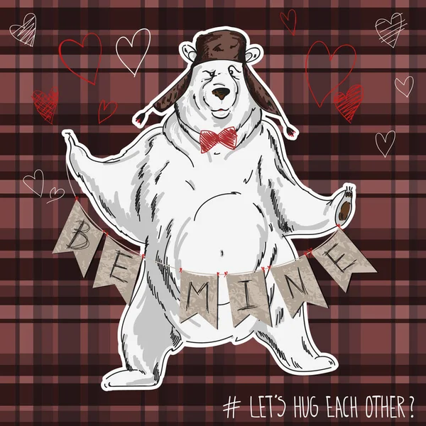 Biglietto d'auguri per San Valentino Banner con personaggio dei cartoni animati orso e sfondo a quadretti Illustrazioni Stock Royalty Free