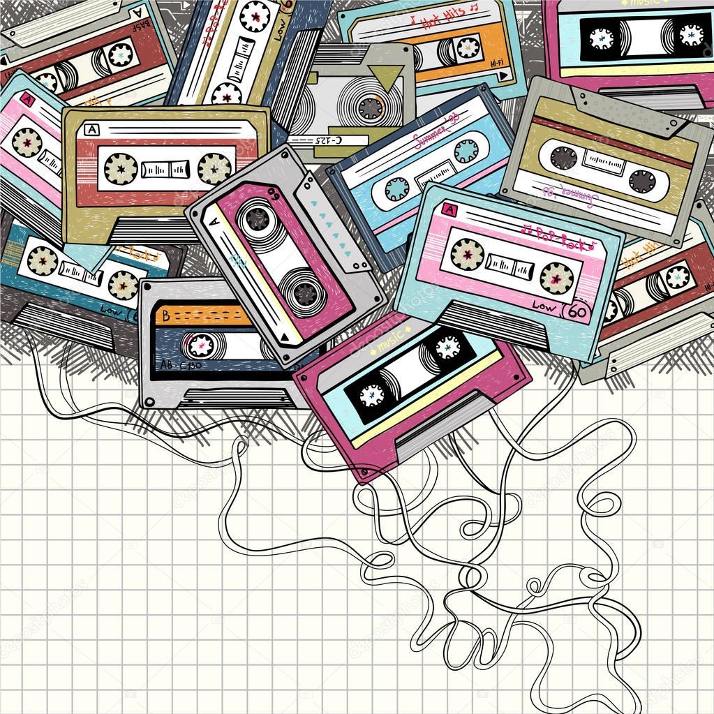 Hipster cartoon banner with colorful retro cassettes music theme