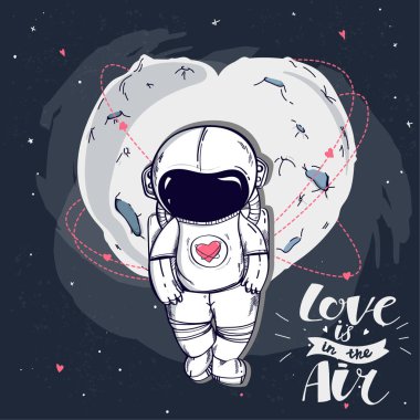 Sevgililer günü kartı austronaut ve ay ile. Ia havada seviyorum. Romantik Sevgililer günü için teklif veya tarihi bildirimi kartı
