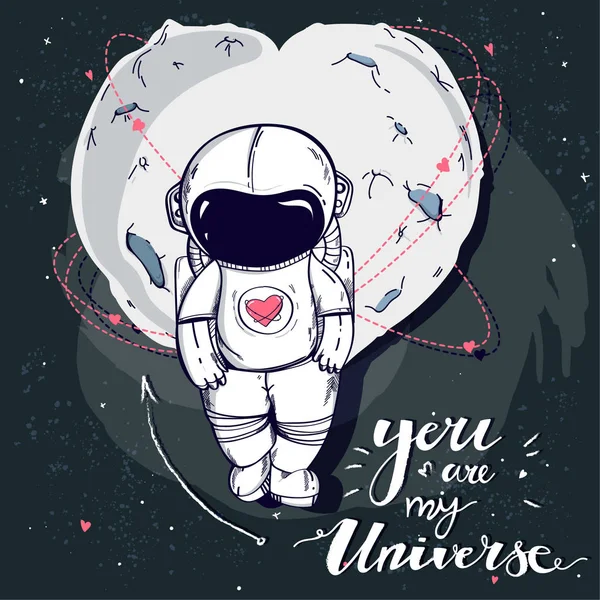 Sevgililer günü kartı austronaut ve ay ile. Benim evrenimin vardır. Romantik Sevgililer günü için teklif veya tarihi bildirimi kartı