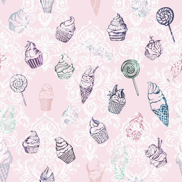 Tatlı kek, dondurma ve diğer şirin şeyler ile Seamless modeli. Damasko süsleme. Arka plan. vektör çizim