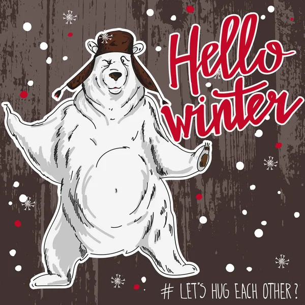 Merhaba kış. Beyaz ayı, ahşap doku ve yazı ile vektör kartı. Daveti veya tebrik kartları, posterler, afişler ve tatil flayers için büyük tasarım.