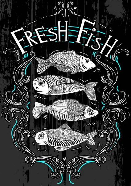 Deniz ürünleri yemek listesi için çizgi sanat stili çizilmiş grafik balık koleksiyonu. 