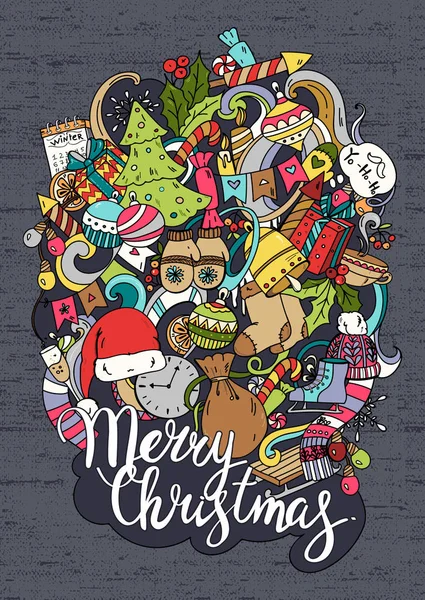 Renkli vektör elle çizilmiş doodle çizgi film seti yeni yıl ve Noel nesneler ve simgeler