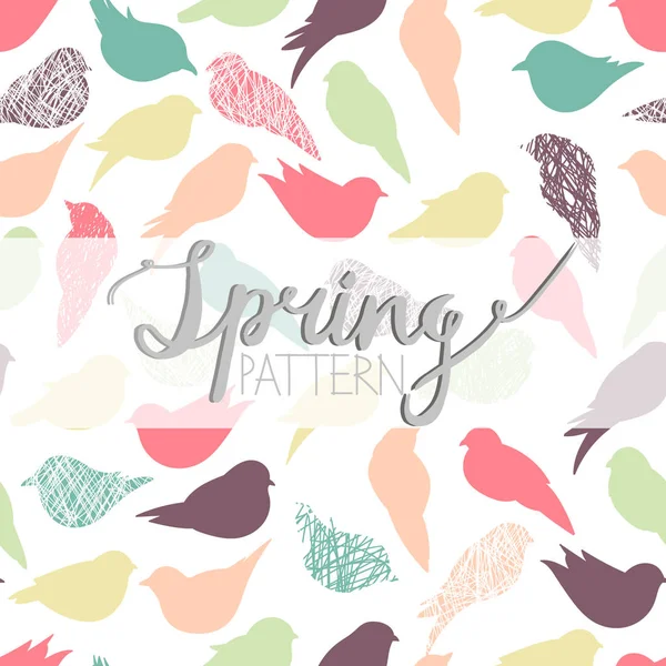 desen renkli siluetleri kuşlar ile bahar ve çizilmiş yazı el