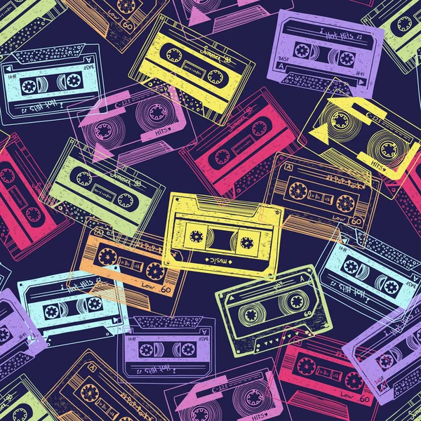 Hipster senza soluzione di continuità modello di cartone animato con colorate cassette retrò tema musicale Illustrazioni Stock Royalty Free