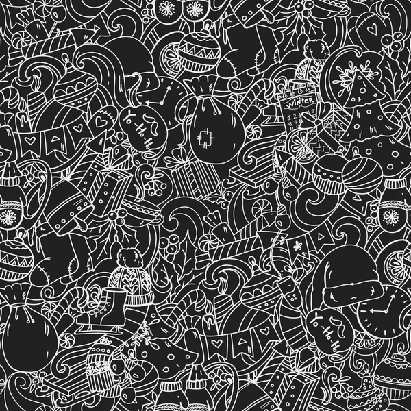 Sevimli çizgi film el çekilmiş Noel ve yeni yıl seamless modeli doodles. Kara tahta, ayrıntılı nesneleri arka plan dolu. Komik vektör çizimleri. Hat sanat resmi tatil Tema öğeleri ile