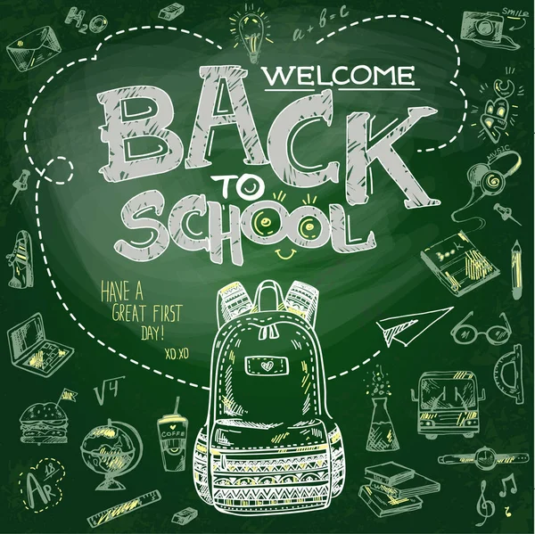 Green school dask and school elements drawn with chalk on it — Stock Vector