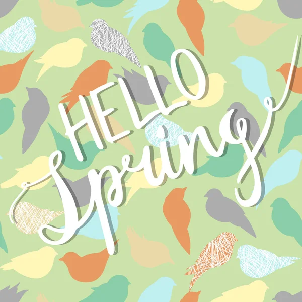 desen renkli siluetleri kuşlar ile bahar ve çizilmiş yazı el