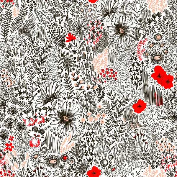 Trendy sorunsuz çiçek desenli vektör. Beyaz arka plan üzerinde grafik çiçekler