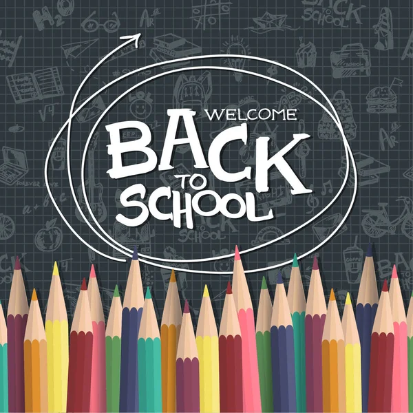 Okul başlık kelimeleri Realastict renkli kalemler ile başa. arka plan, elle çizilmiş doodle elemanları ile