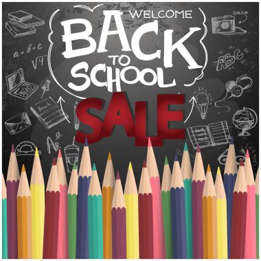 Satılık arka plan okula hoş geldiniz, öğeleri ve renkli gerçekçi kalem elle çizilmiş doodle. Vektör çizim.