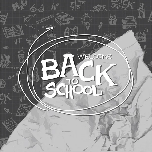 Arka plan okul, öğeleri ve gerçekçi kağıt doku elle çizilmiş doodle afiş tekrar hoş geldiniz. Vektör çizim.