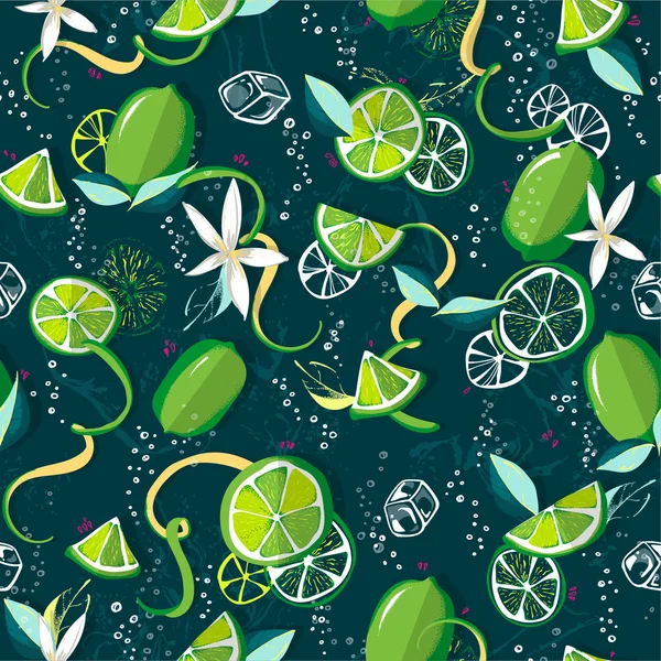 Taze limes arka plan. Renkli kesintisiz limonata desenle taze meyve, buz, maden suyu, limon dilimleri, limon kabuğu, gaz kabarcıkları. Dekoratif illüstrasyon, yazdırma için iyi