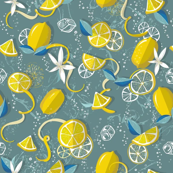 Fresh lemons background. Colorful seamless lemonade pattern with fresh fruits,ice, soda water, lemon slices, lemon peel, bubbles of gas. Decorative illustration, good for printing — Stock Vector