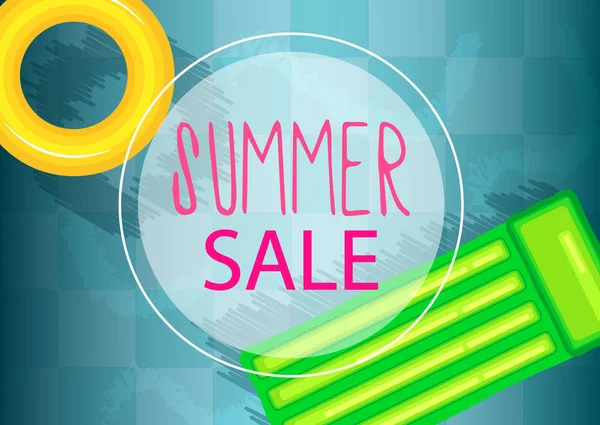 Yaz satış afiş vektör çizim, havuz oyuncakları, sarı kauçuk halka su.