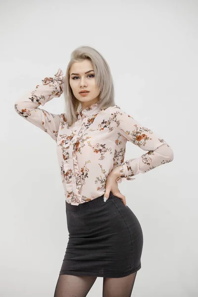 Vacker Busyness Kvinna Blond Mode Modell Isolerad Vitt — Stockfoto