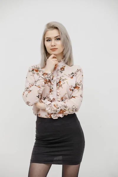 Vacker Busyness Kvinna Blond Mode Modell Isolerad Vitt — Stockfoto