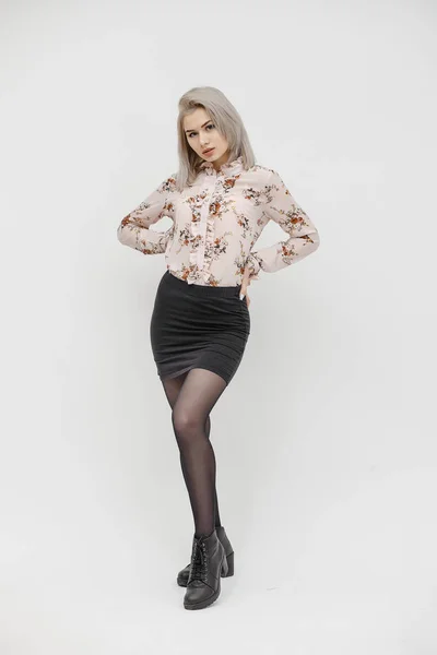 Vacker Busyness Kvinna Blond Mode Modell Isolerad Vitt — Stockfoto