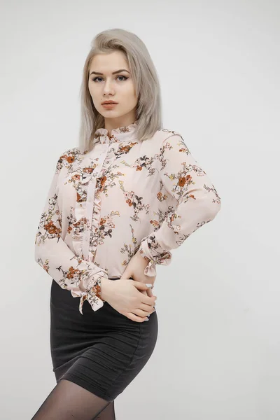 Vacker Busyness Kvinna Blond Mode Modell Isolerad Vitt — Stockfoto