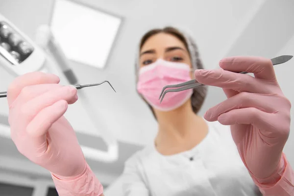 Vue Première Personne Patient Examen Par Dentiste Trouve Dans Fauteuil — Photo
