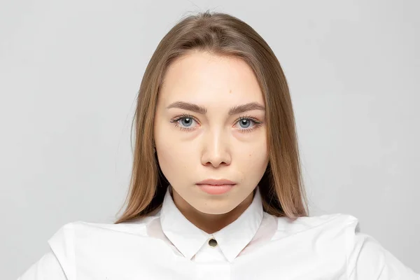 Close Portrait Beautiful Happy Young Attractive Blonde Woman White Shirt — Stock Photo, Image