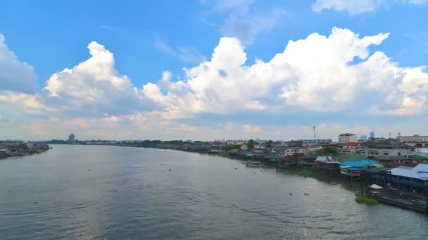 Aerial view of Chao Phraya river which have various transportation boat sail. — Stock Video