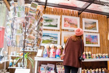 Chiangmai, Tayland - Aralık 16: genç kadın bir kartpostal Ang Khang istasyonunda üzerinde 16 Aralık 2016 Chiangmai, Tayland için satın alma