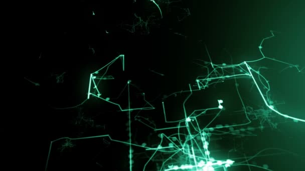 Lichte groene lijnen getekend door lichtpuntjes uiteindelijk maken een abstracte afbeelding van een circuit bord. — Stockvideo