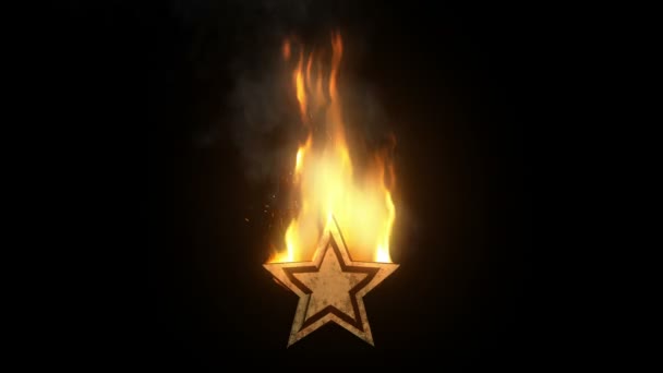 Спалювання металевої зірки вогню ізольовано на чорному тлі, символ — стокове відео