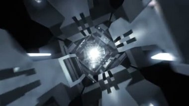 Tünel koridorda futuristik bir karanlık uzayda uçan ve beyaz izole uzaya uçmuyor. Fütüristik konsept.