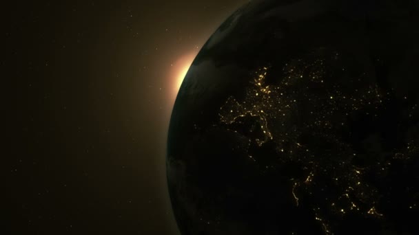 Приголомшливий красивий світанок у космосі, сонце приходить з-за планети Земля — стокове відео