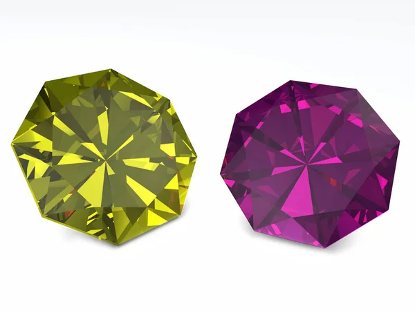 Diamantes amarelos e roxos isolados em branco — Fotografia de Stock